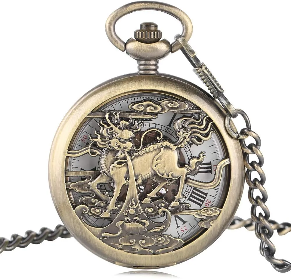 Transparent Skeleton Clock Unisex poetry soak halt nonagricultural tempt count Retro Pendant Watch Pocket Watch Exquisite Kylin Carving Pocket Watch Bronze Automatic Mechanical 
