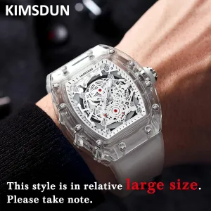 Transparent Tonneau Case Casual Watch, Silicone Strap for Men Unisex KIMSDUN-Stylish ablaze Skeleton Sport Watches, Waterproof, Analog Quartz Date Calendar Wristwatch, 