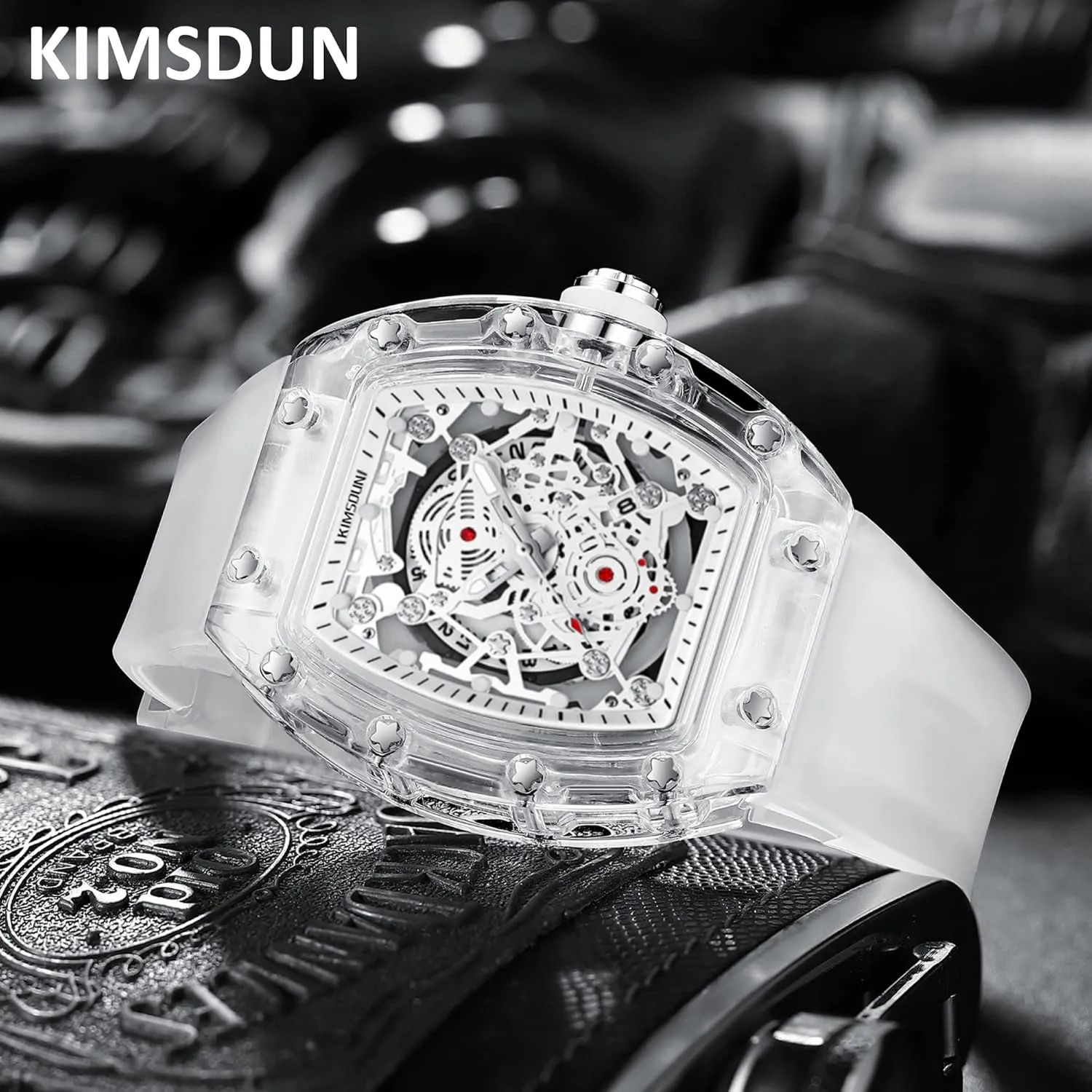 Transparent Tonneau Case Casual Watch, Silicone Strap for Men Unisex KIMSDUN-Stylish ablaze Skeleton Sport Watches, Waterproof, Analog Quartz Date Calendar Wristwatch, 
