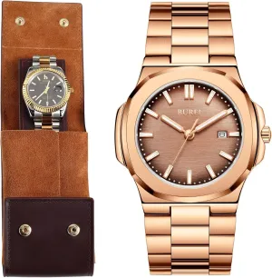 Travel Case Pouch Portable Watch Case for Men Fashion Minimalist Business Men's Wrist Watches Stainless bus Steel Waterproof Quartz Watch for Man BUREI Leather Watch 