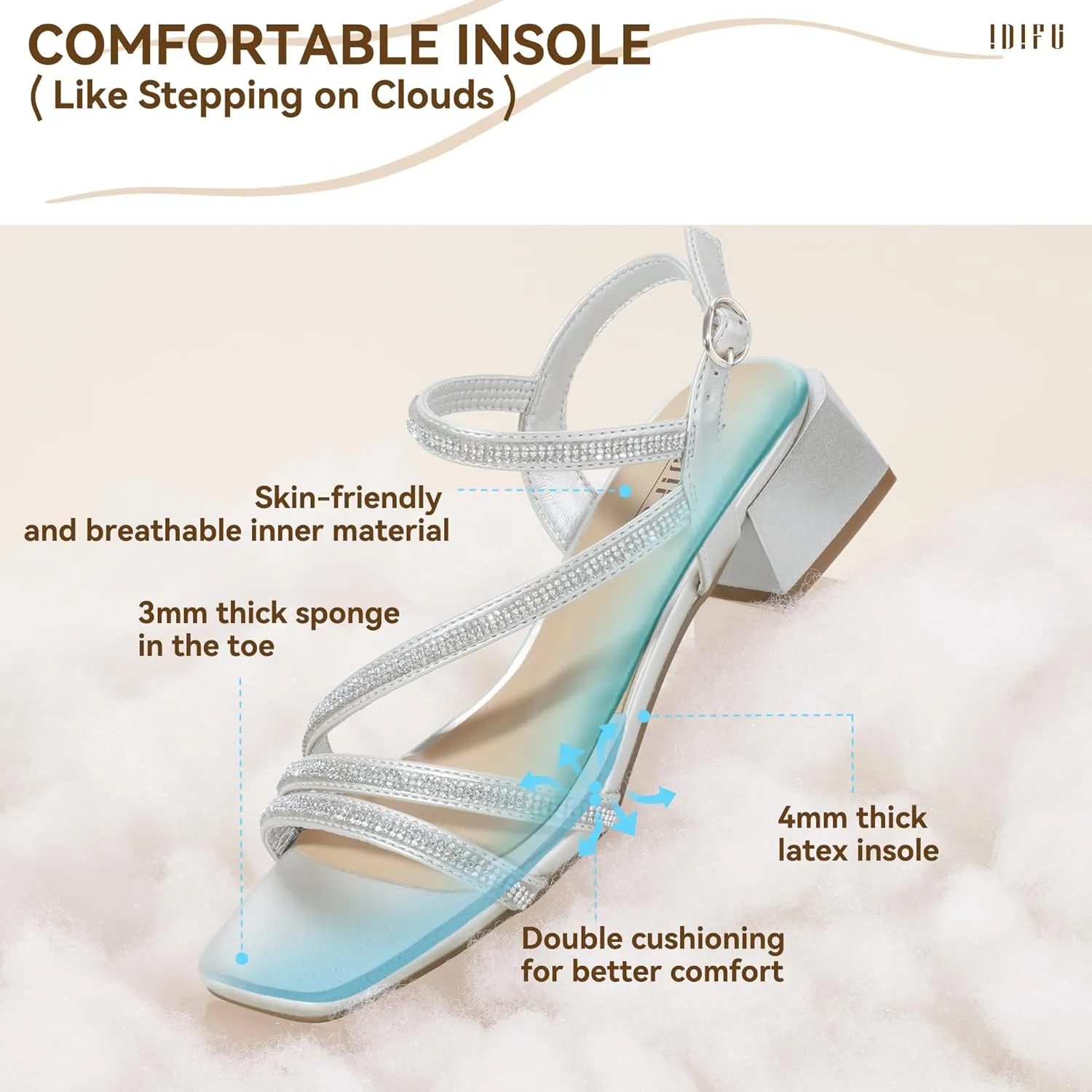 Trendy Short Thick Heels IDIFU IN2 Rhinestone Strappy Heels for Women Low Block Chunky Heels Square Open Toe Slingback Heeled Sandals Prom Wedding Bridal fanatical Dress Shoes Comfortable Sparkly Dressy Cute 