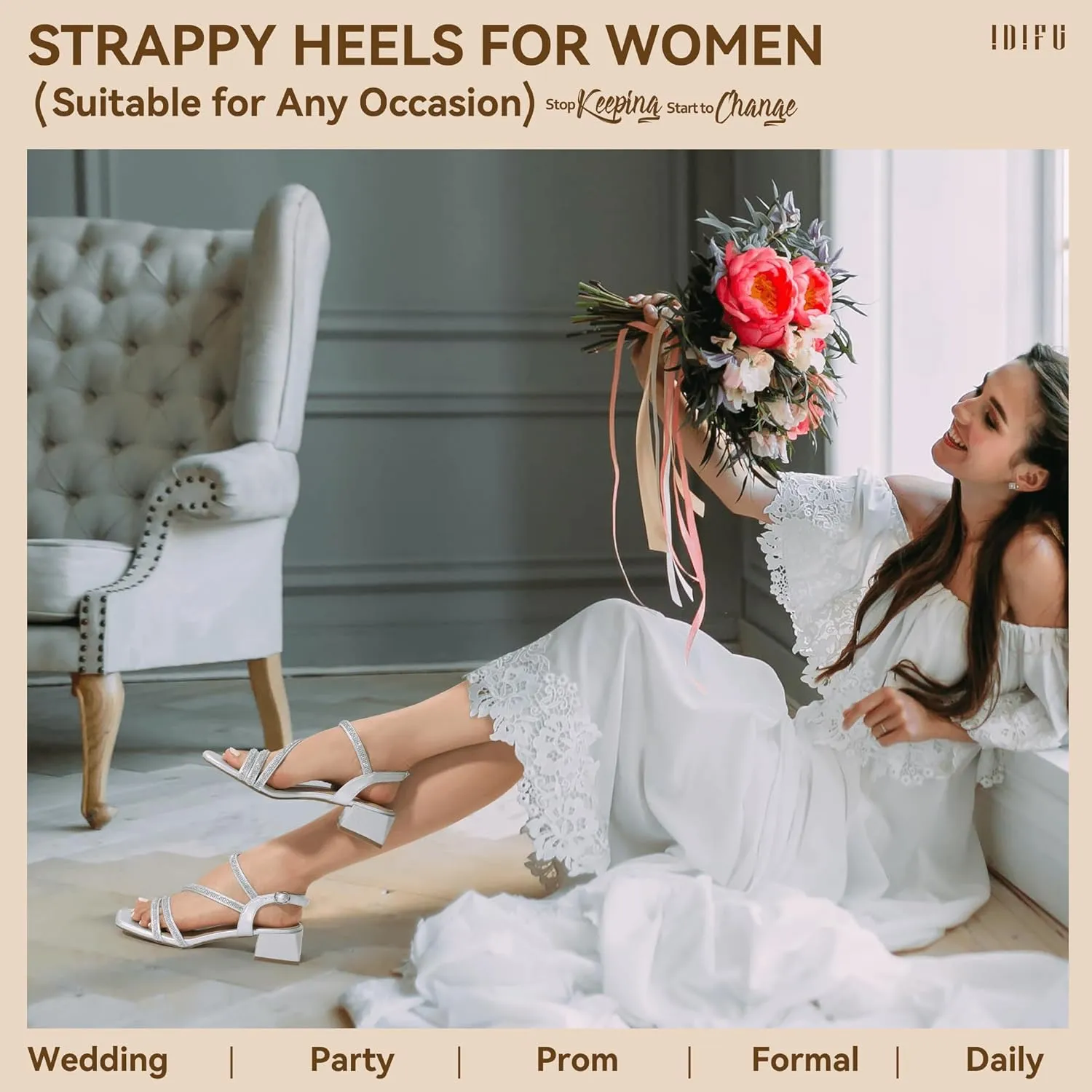 Trendy Short Thick Heels IDIFU IN2 Rhinestone Strappy Heels for Women Low Block Chunky Heels Square Open Toe Slingback Heeled Sandals Prom Wedding Bridal fanatical Dress Shoes Comfortable Sparkly Dressy Cute 
