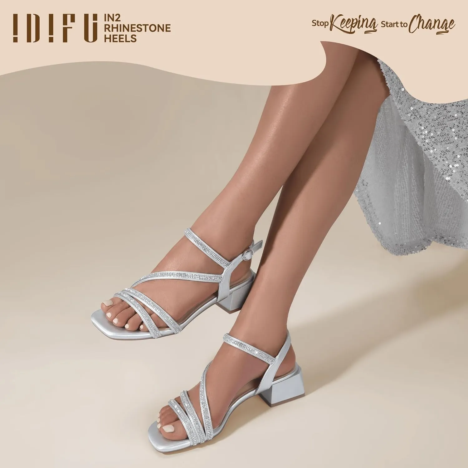 Trendy Short Thick Heels IDIFU IN2 Rhinestone Strappy Heels for Women Low Block Chunky Heels Square Open Toe Slingback Heeled Sandals Prom Wedding Bridal fanatical Dress Shoes Comfortable Sparkly Dressy Cute 