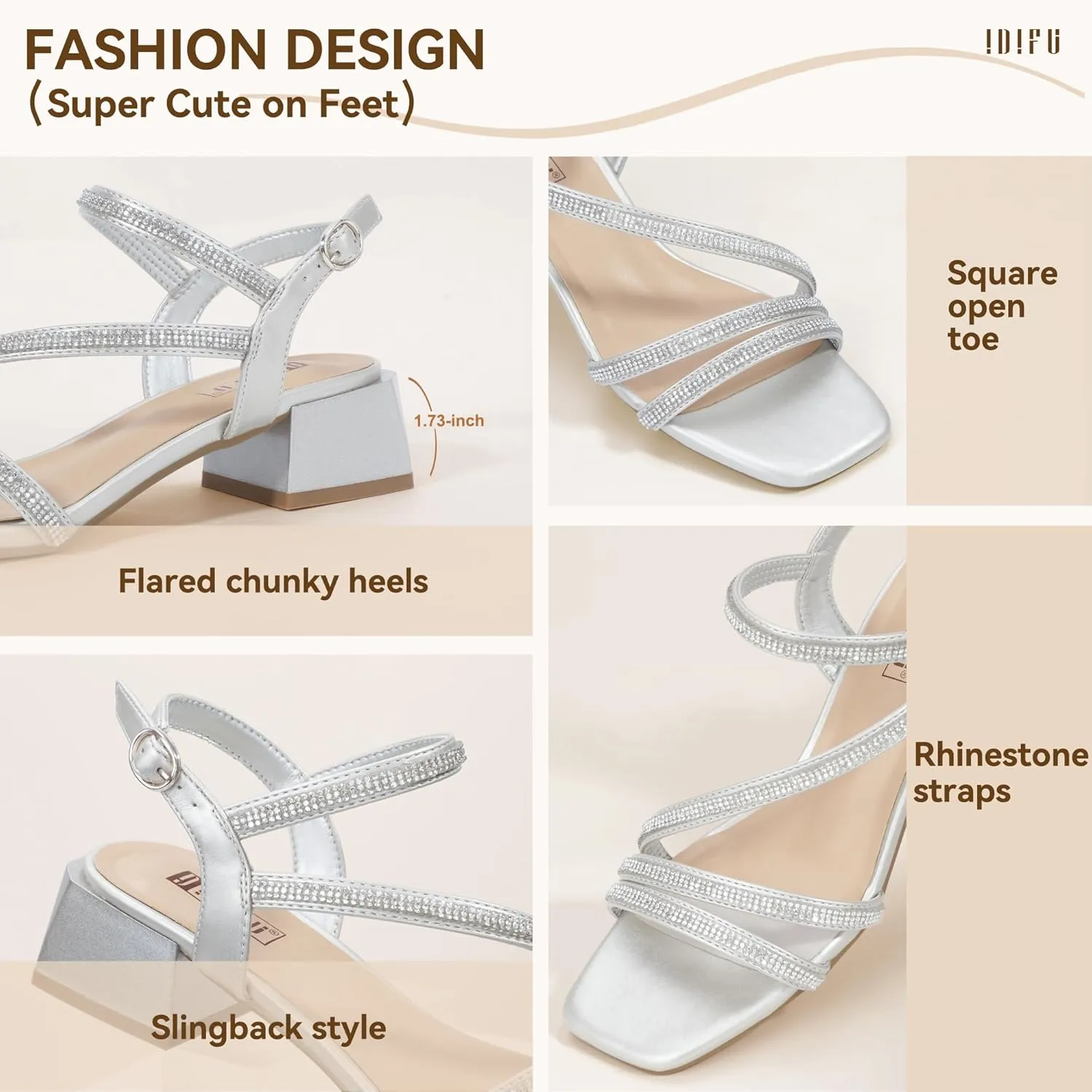 Trendy Short Thick Heels IDIFU IN2 Rhinestone Strappy Heels for Women Low Block Chunky Heels Square Open Toe Slingback Heeled Sandals Prom Wedding Bridal fanatical Dress Shoes Comfortable Sparkly Dressy Cute 