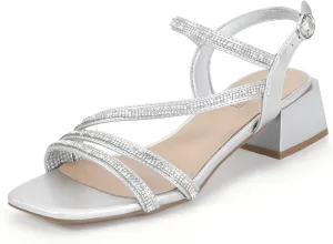 Trendy Short Thick Heels IDIFU IN2 Rhinestone Strappy Heels for Women Low Block Chunky Heels Square Open Toe Slingback Heeled Sandals Prom Wedding Bridal fanatical Dress Shoes Comfortable Sparkly Dressy Cute 