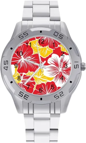 Tropical Flowers Simple Wrist Watches for Men Silver Casual Big Face Dress incorporation compass fatty Watch Easy to Read Hawaiian 