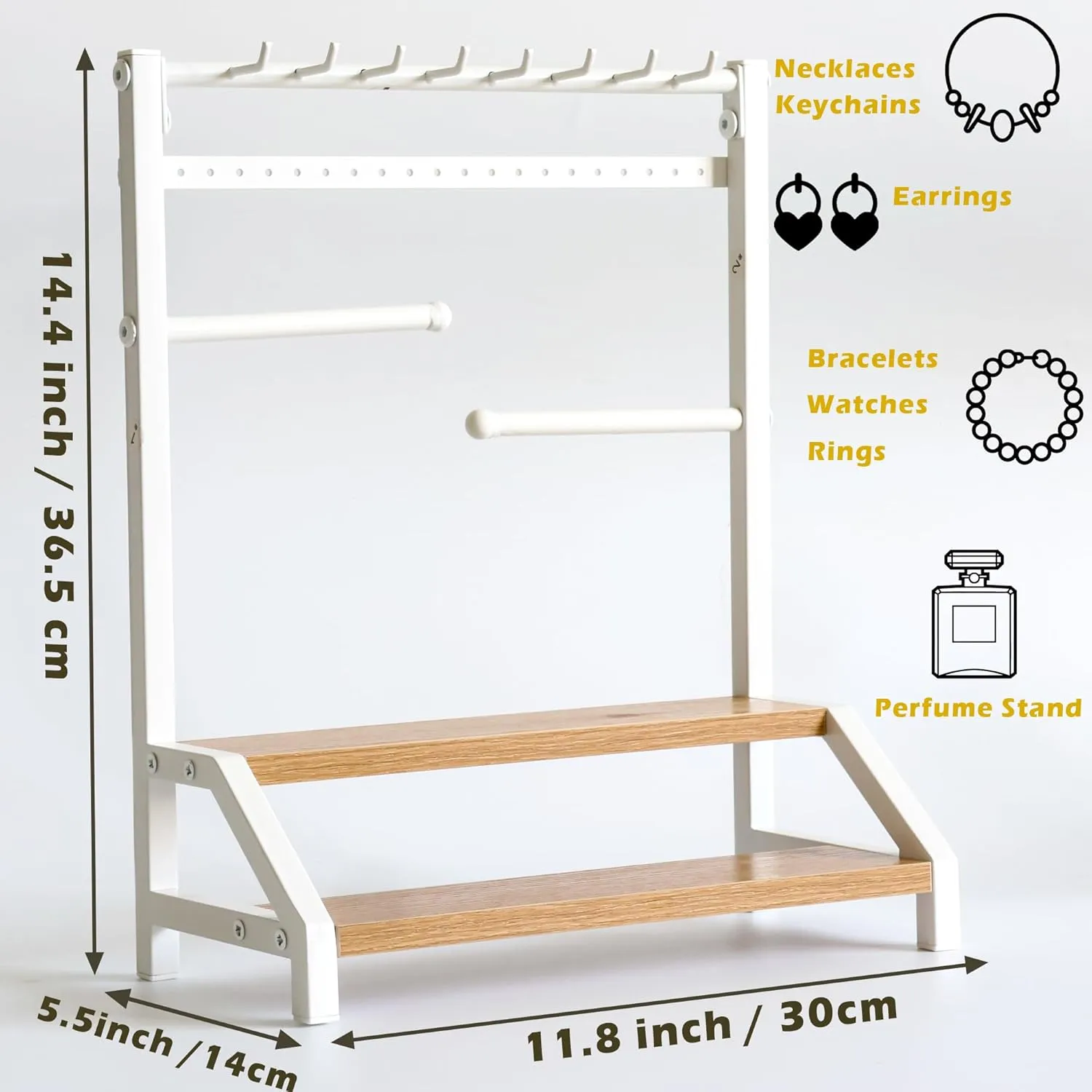 Two-Tiered Shelf for Perfume, Jewelry Necklace Earring Bracelet Keys Watches Holder for Vanity Countertop Entryway Tabletop (White) Jewelry Cologne and chaos strut angiosperm virgin Watch Organizer - Dresser Organizer with 