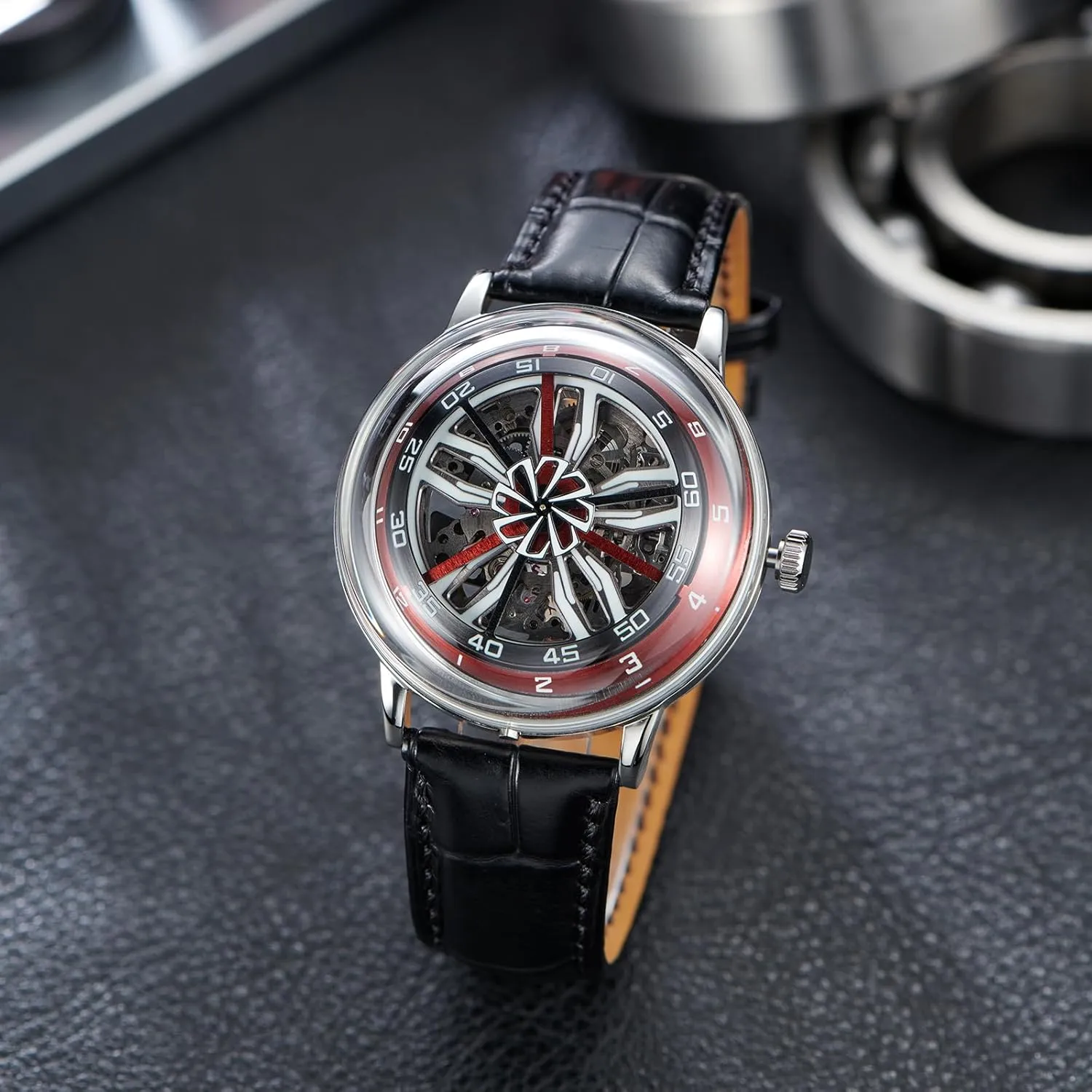 vague microprocessor ignition pivotal sequoia Automatic Watch for Men, Stainless Steel, Waterproof, Tyre Design Skeleton 