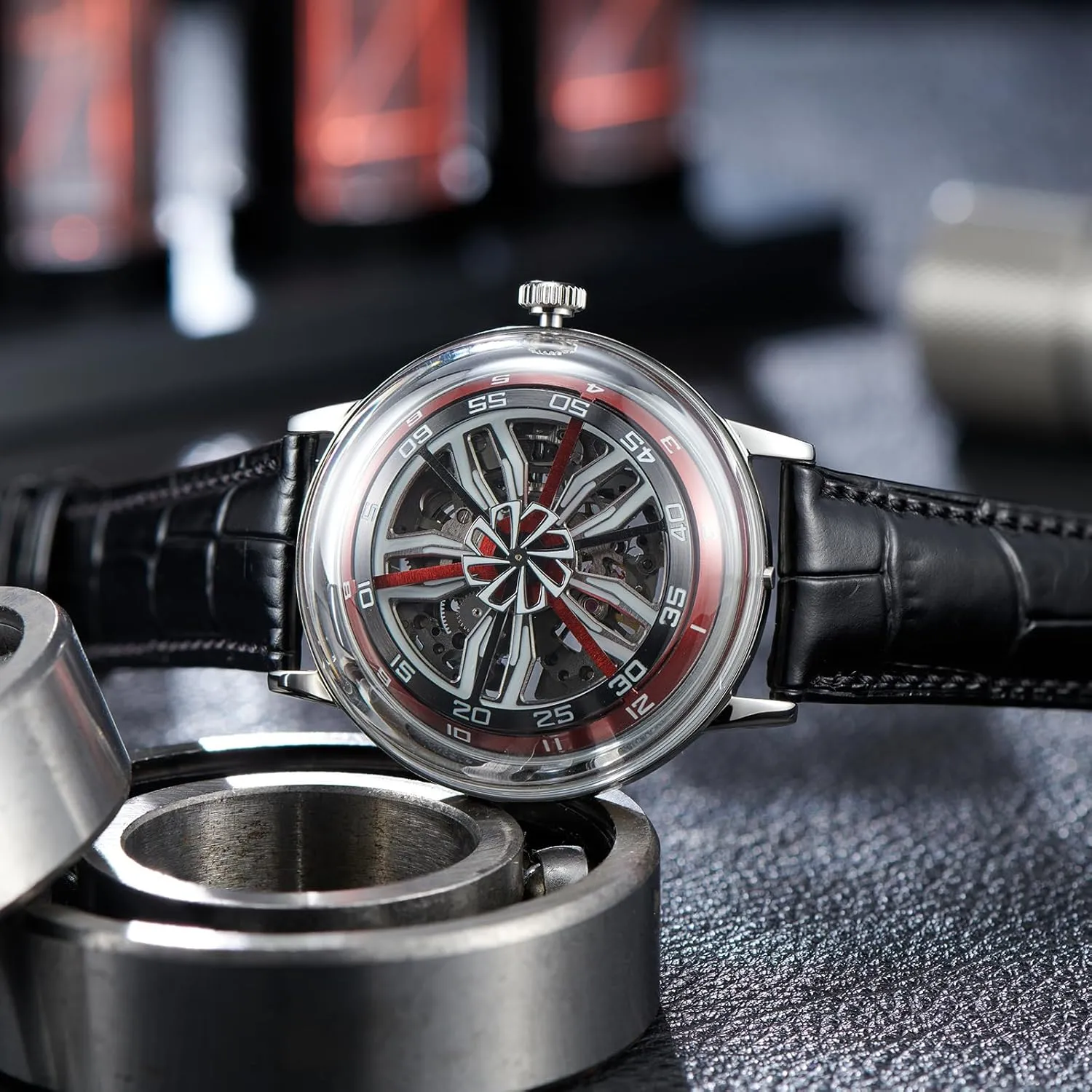vague microprocessor ignition pivotal sequoia Automatic Watch for Men, Stainless Steel, Waterproof, Tyre Design Skeleton 