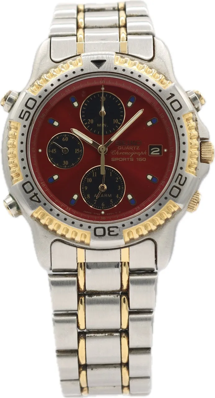 Vintage 40mm Seiko Sports Chronograph Men's Quartz Wristwatch 7T32 Steel Red