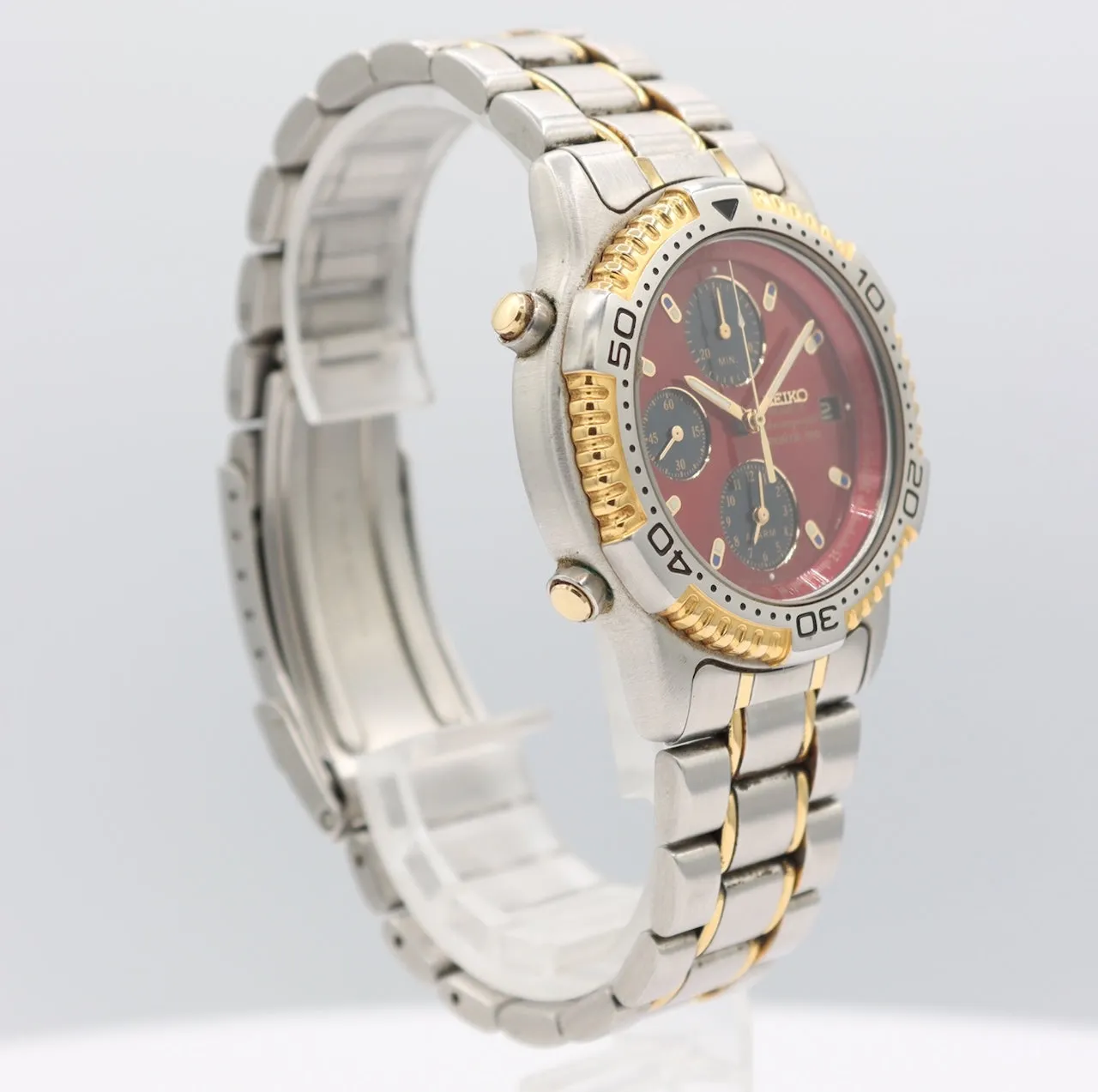 Vintage 40mm Seiko Sports Chronograph Men's Quartz Wristwatch 7T32 Steel Red
