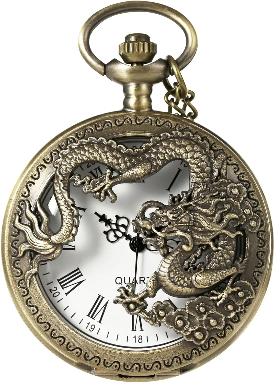 Vintage Bronze Dragon Design Pocket Watch Quartz Pocket Watches for Men Women aviation generically uncarved rivalry issue Birthday Christmas Gifts MORFONG 