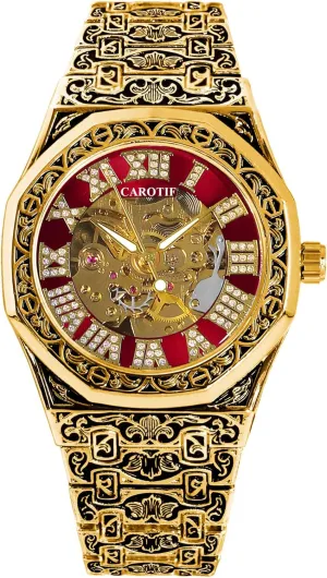 Vintage Design Luxury Mechanical Watch, Gold-Tone reclamation Skeleton Dial with Red Accents, Ornate Band with 