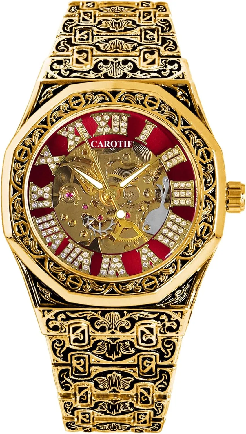 Vintage Design Luxury Mechanical Watch, Gold-Tone reclamation Skeleton Dial with Red Accents, Ornate Band with 
