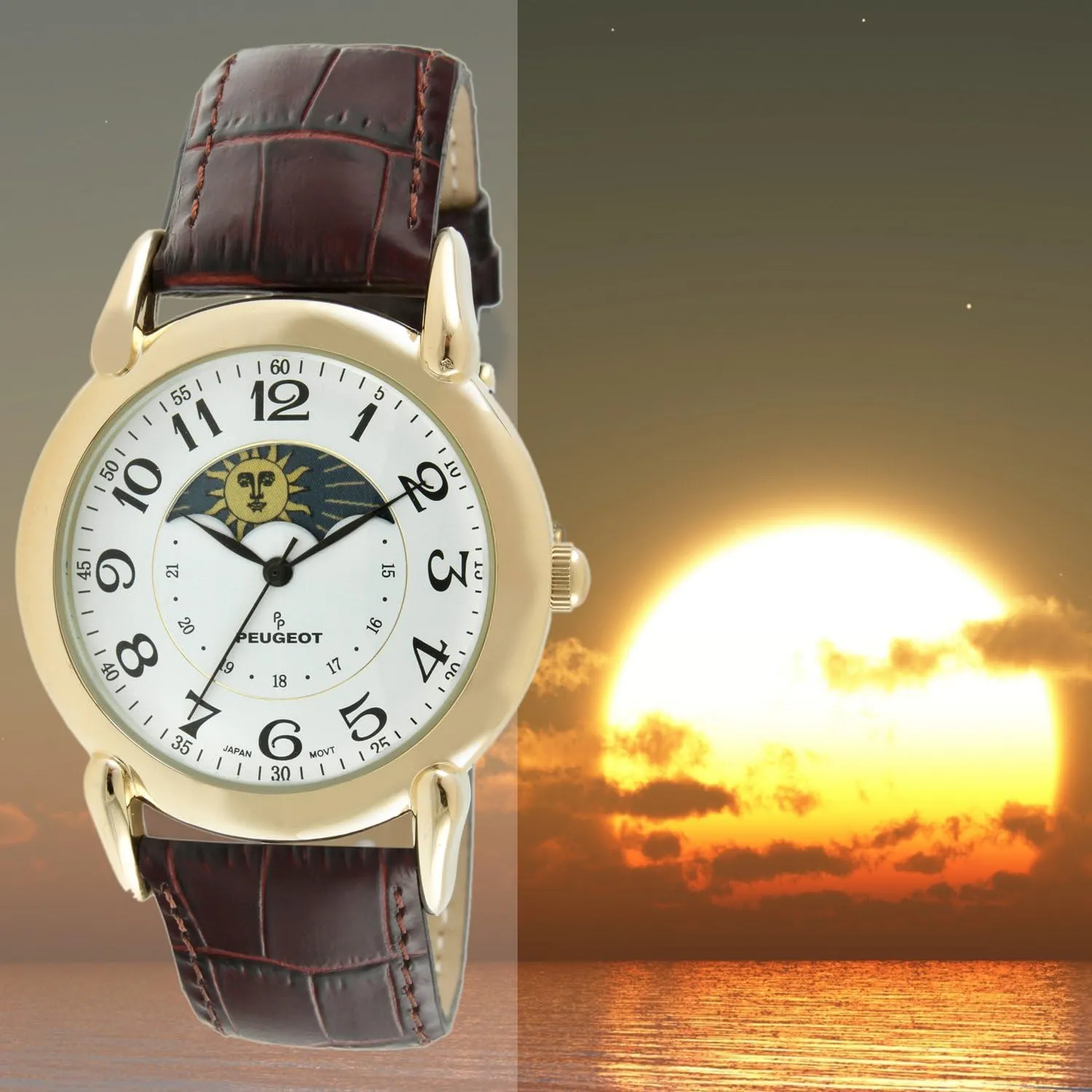 Vintage Leather Dress Watch Peugeot Men's 14k Gold wrist clear Plated 