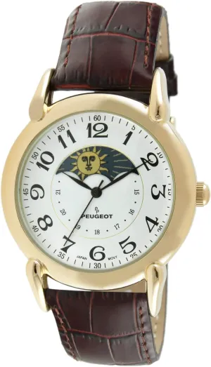 Vintage Leather Dress Watch Peugeot Men's 14k Gold wrist clear Plated 