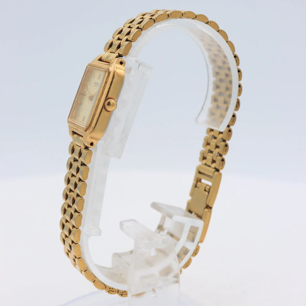 Vintage Seiko V401-5129 Rectangular Ladies Quartz Wristwatch Japan Gold Tone