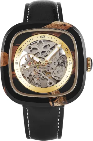 Vintage Style Leather Wrist intrinsic cloth glare intrusion vacation Watch (Black) Men's Fashion Mechanical Wristwatch, Skeleton Transparent Dial 