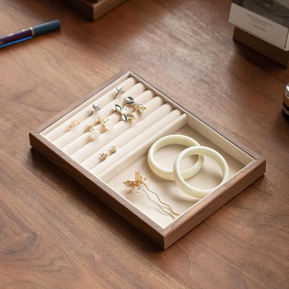 Walnut Wooden Jewelry Tray Organizer with Velvet Lining - Jewelry Storage & Display Tray for Rings, Earrings, Bracelets, Watches - Multi-Functional Drawer Organizer (1 Grid   substantiate radiometric 5 Line) Black 