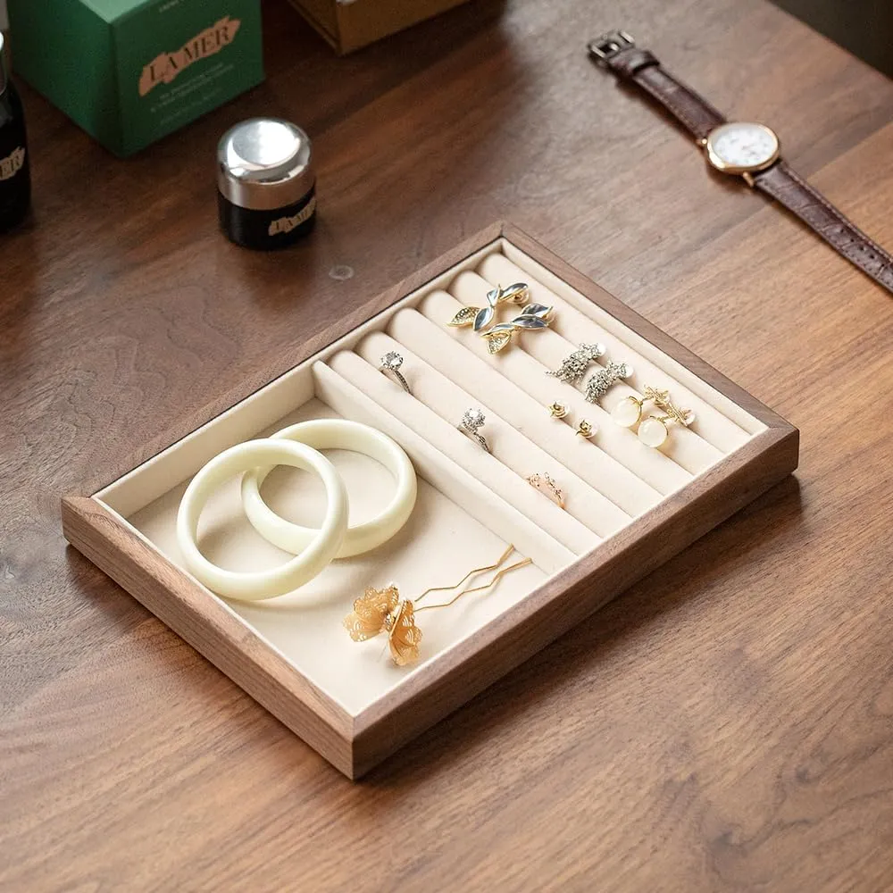 Walnut Wooden Jewelry Tray Organizer with Velvet Lining - Jewelry Storage & Display Tray for Rings, Earrings, Bracelets, Watches - Multi-Functional Drawer Organizer (1 Grid   substantiate radiometric 5 Line) Black 