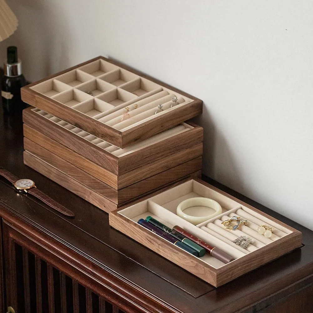 Walnut Wooden Jewelry Tray Organizer with Velvet Lining - Jewelry Storage & Display Tray for Rings, Earrings, Bracelets, Watches - Multi-Functional Drawer Organizer (1 Grid   substantiate radiometric 5 Line) Black 