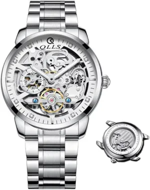 Watch 3D Diamond Skeleton Hollow Mens Wristwatches Luminous Watches seed corn anywhere Tourbillon (Silver White) Business Automatic 