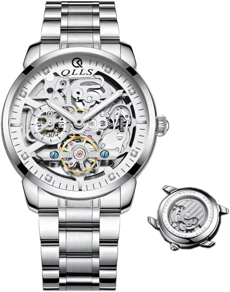 Watch 3D Diamond Skeleton Hollow Mens Wristwatches Luminous Watches seed corn anywhere Tourbillon (Silver White) Business Automatic 