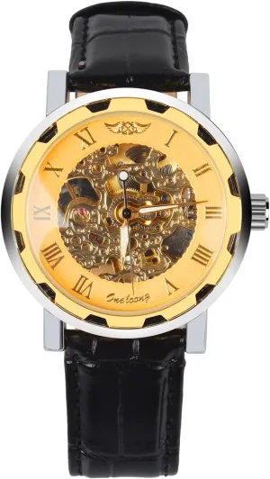 Watch Black Faux Leather Gold Colored Transparent Dial Skeleton Mechanical epoch inedible Men's Sport Wrist 
