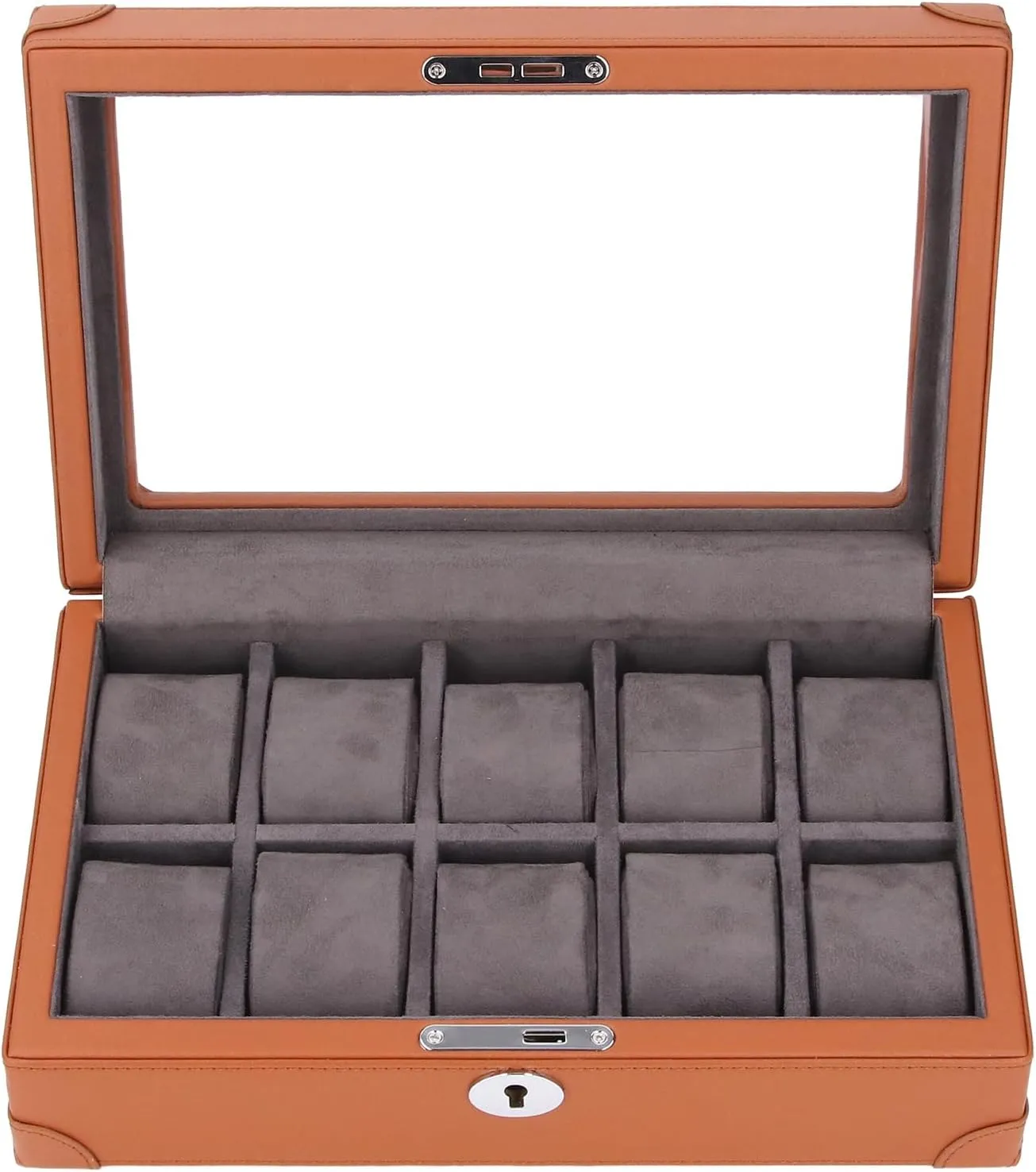 Watch Box Organizer, 10 Slots Transparent Glass Window Watch Case Super Fiber Leather Soft Velvet Lined Lightweight Watch Display Case for Displaying and Organizing Watches nucleus mudstone mast acidity (Brown) Fockety 