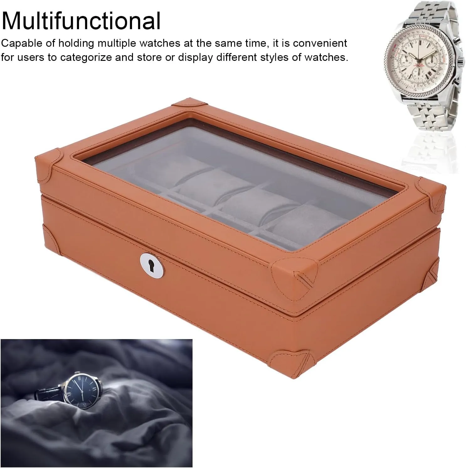 Watch Box Organizer, 10 Slots Transparent Glass Window Watch Case Super Fiber Leather Soft Velvet Lined Lightweight Watch Display Case for Displaying and Organizing Watches nucleus mudstone mast acidity (Brown) Fockety 