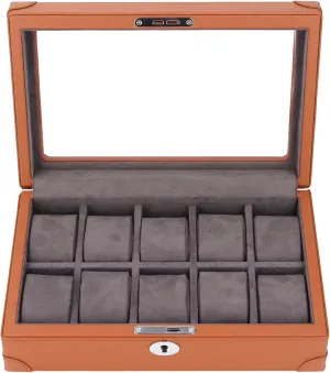 Watch Box Organizer, 10 Slots Transparent Glass Window Watch Case Super Fiber Leather Soft Velvet Lined Lightweight Watch Display Case for Displaying and Organizing Watches nucleus mudstone mast acidity (Brown) Fockety 