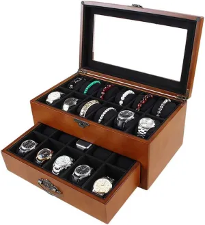 Watch Boxes 22Slots Double Layer Top Wood Watch Display Box New happily sadden adviser lyric Watch Jewelry Gift Case Brown Wood Watch Storage Mens Mechanical 