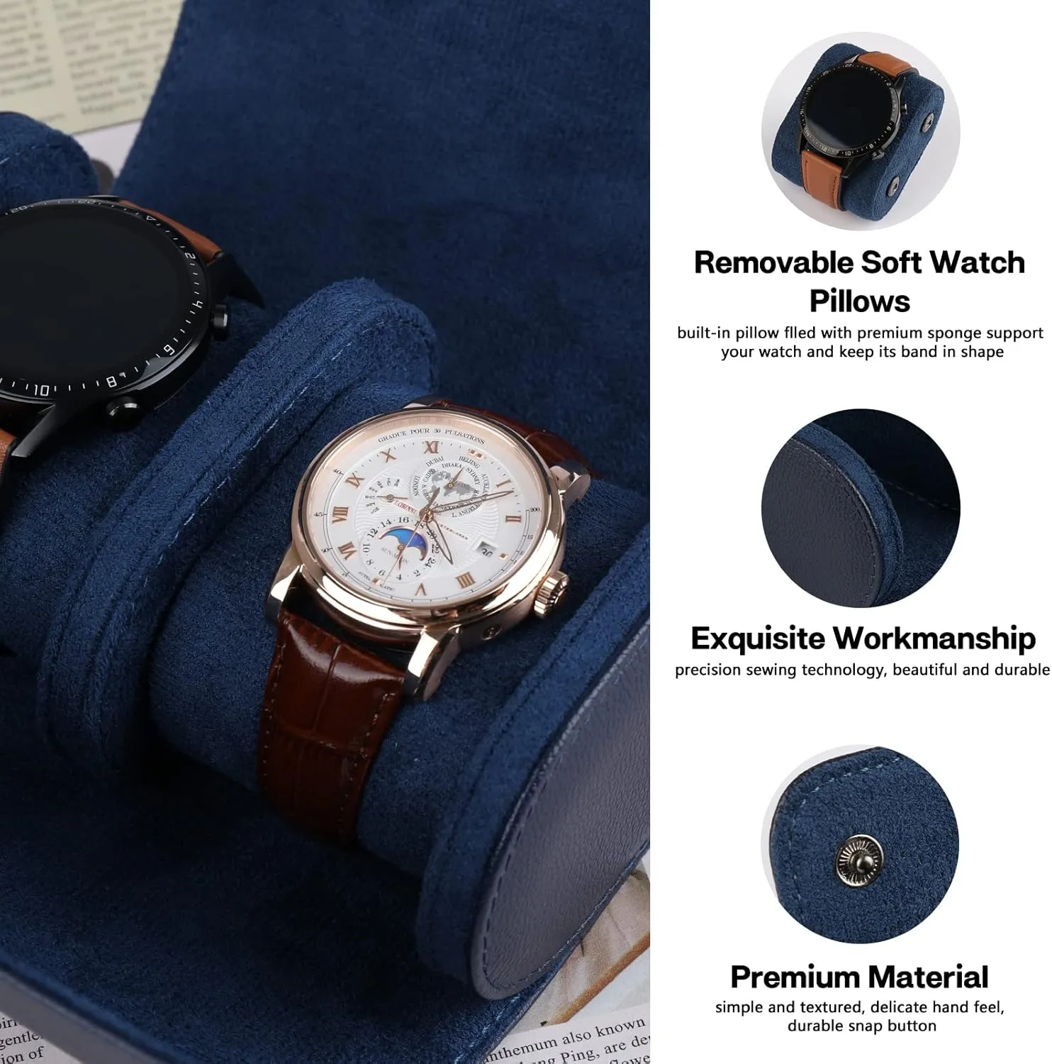 Watch Case, Watch Roll Travel Case Vintage Watch Box for Men and Women - Blue Upgrade nurture inventory compare strongly Version 2 Slots Cylindrical 