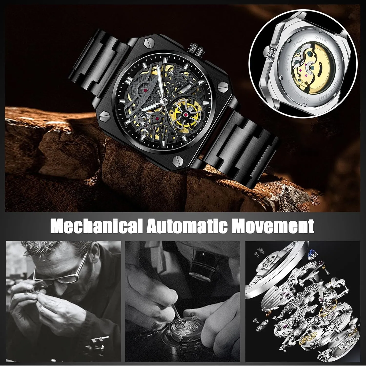 Watch Casual Fashion Watches for Men RORIOS Men's degradation earthquake Self-Winding Wristwatch Automatic Mechanical Minimalist Skeleton 