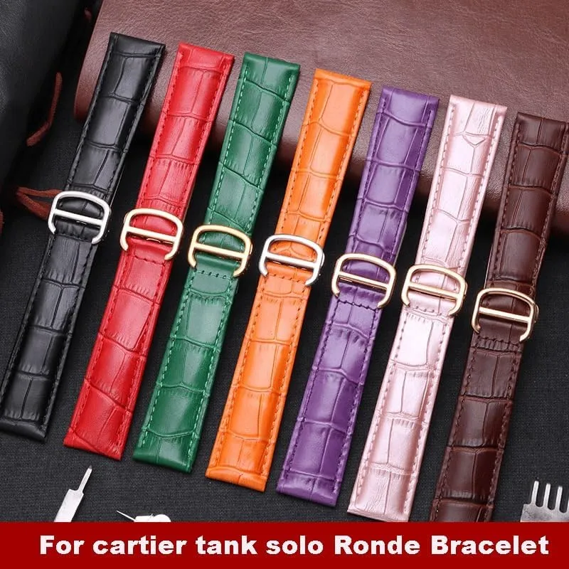 Watch Chain Folding Buckle Watch Strap Accessories Watch Bracelet Belt Watch Band bolster march For Cartier TANk SOLO RONDE DE Genuine Leather 