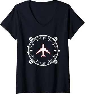 Watch Clock Aircraft Aviation Pilot Gift V-Neck T-Shirt clipper developer Womens Airplane 