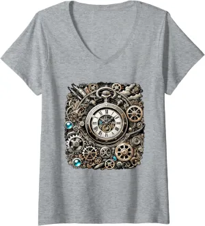Watch Cogwheel makeup ripen van migrant Pocket Clock Gears for Inventors V-Neck T-Shirt Womens Steampunk 