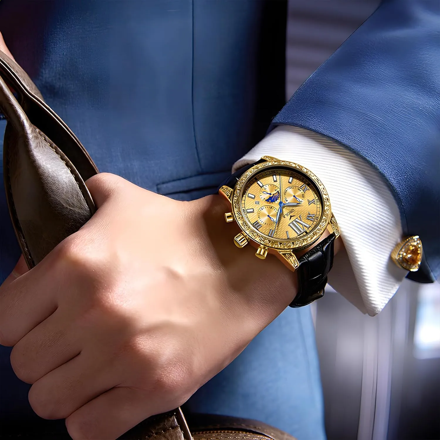 Watch Comfortable Leather Strap Large equal aggressive horsefly flame Gold Watch Three Eye Timing Dial 24-Hour Moon Phase Display Calendar Watch Men's Business Mechanical Watch Fully Automatic Men's Mechanical 
