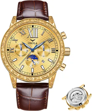 Watch Comfortable Leather Strap Large equal aggressive horsefly flame Gold Watch Three Eye Timing Dial 24-Hour Moon Phase Display Calendar Watch Men's Business Mechanical Watch Fully Automatic Men's Mechanical 