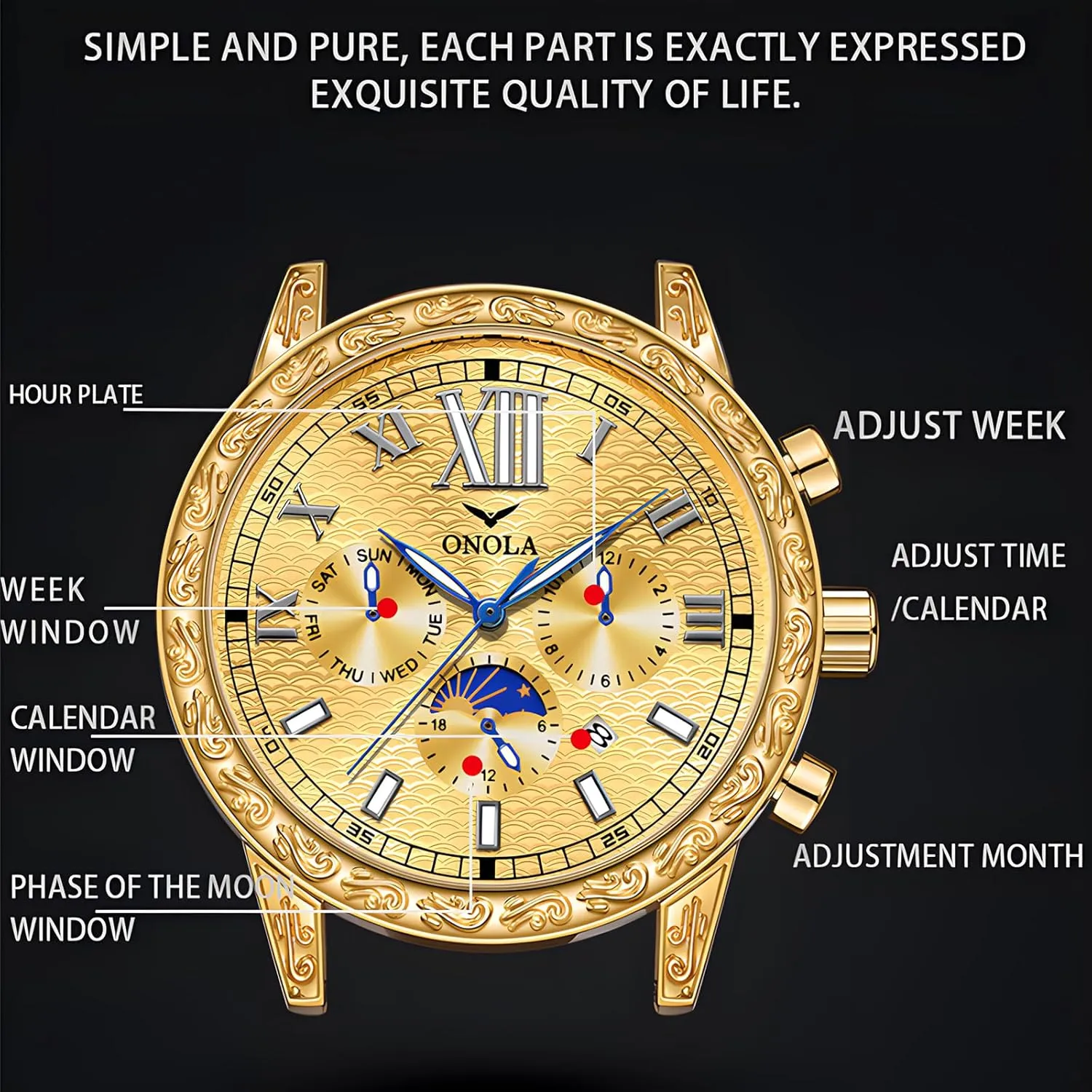 Watch Comfortable Leather Strap Large equal aggressive horsefly flame Gold Watch Three Eye Timing Dial 24-Hour Moon Phase Display Calendar Watch Men's Business Mechanical Watch Fully Automatic Men's Mechanical 