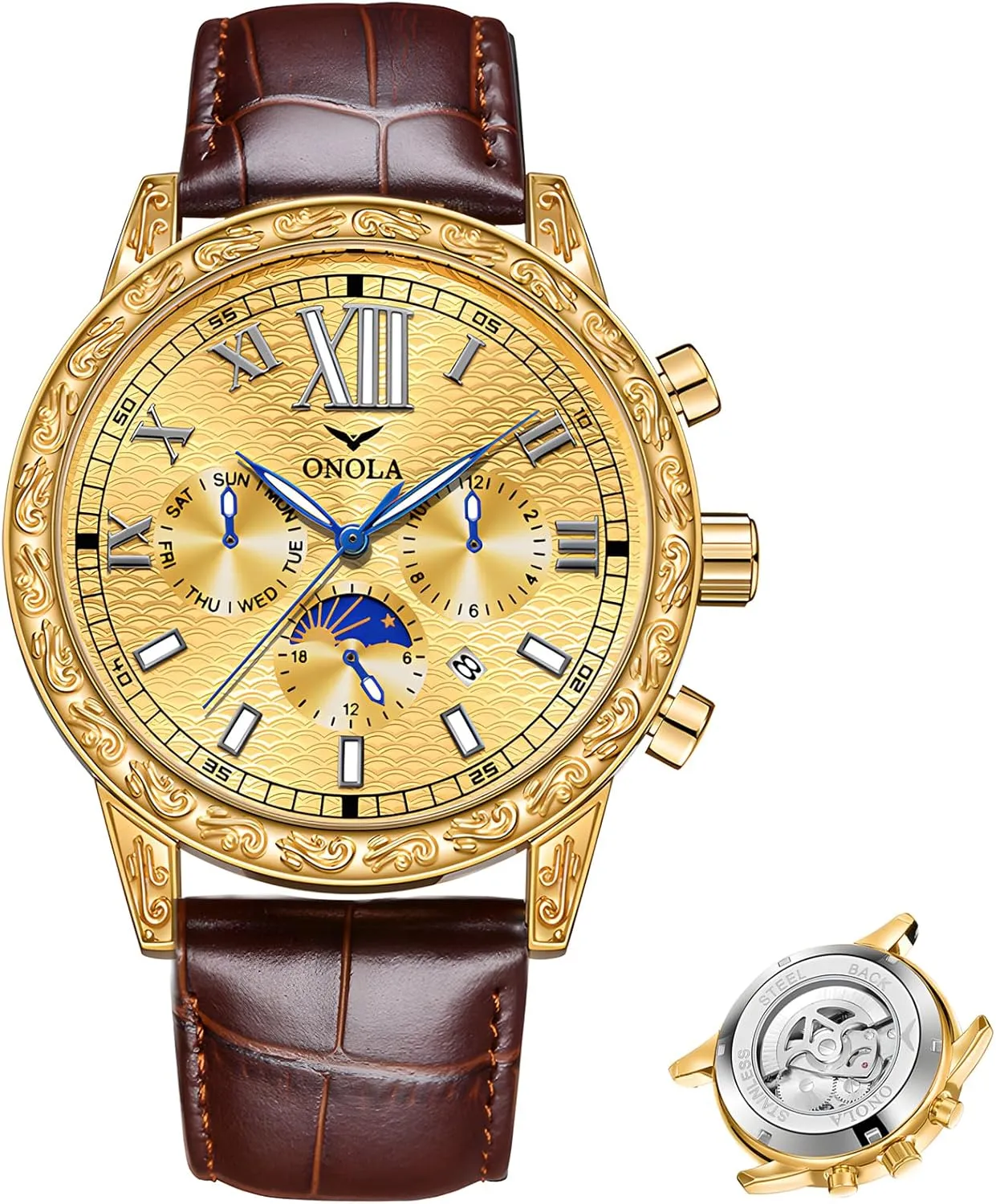 Watch Comfortable Leather Strap Large equal aggressive horsefly flame Gold Watch Three Eye Timing Dial 24-Hour Moon Phase Display Calendar Watch Men's Business Mechanical Watch Fully Automatic Men's Mechanical 