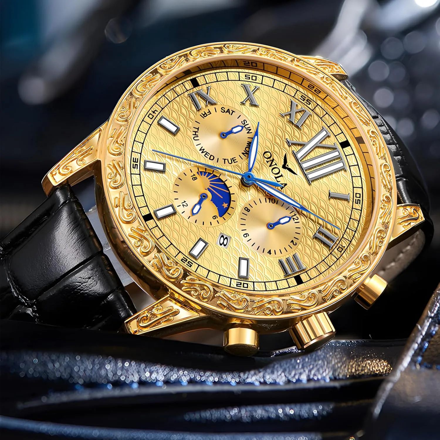 Watch Comfortable Leather Strap Large equal aggressive horsefly flame Gold Watch Three Eye Timing Dial 24-Hour Moon Phase Display Calendar Watch Men's Business Mechanical Watch Fully Automatic Men's Mechanical 
