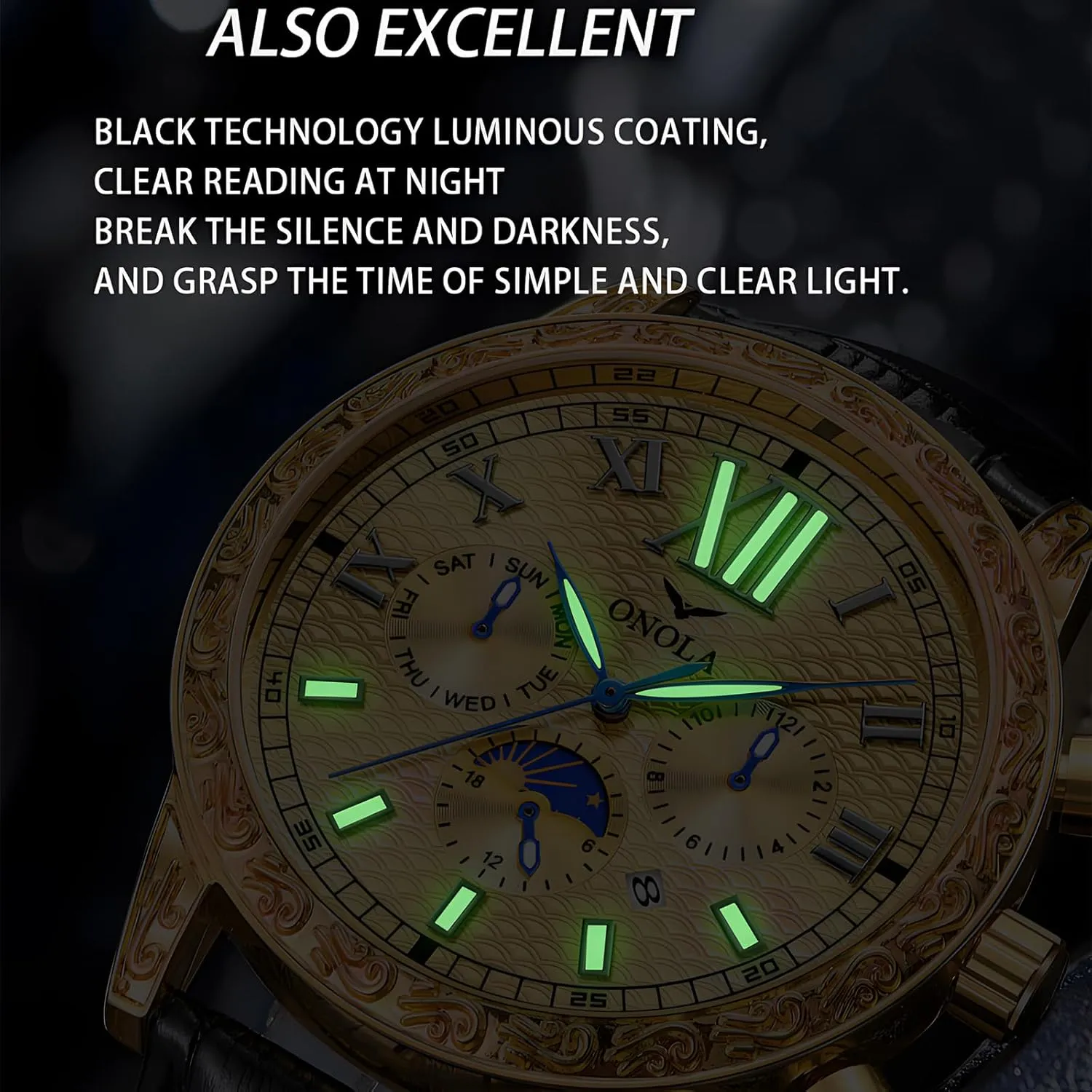 Watch Comfortable Leather Strap Large equal aggressive horsefly flame Gold Watch Three Eye Timing Dial 24-Hour Moon Phase Display Calendar Watch Men's Business Mechanical Watch Fully Automatic Men's Mechanical 
