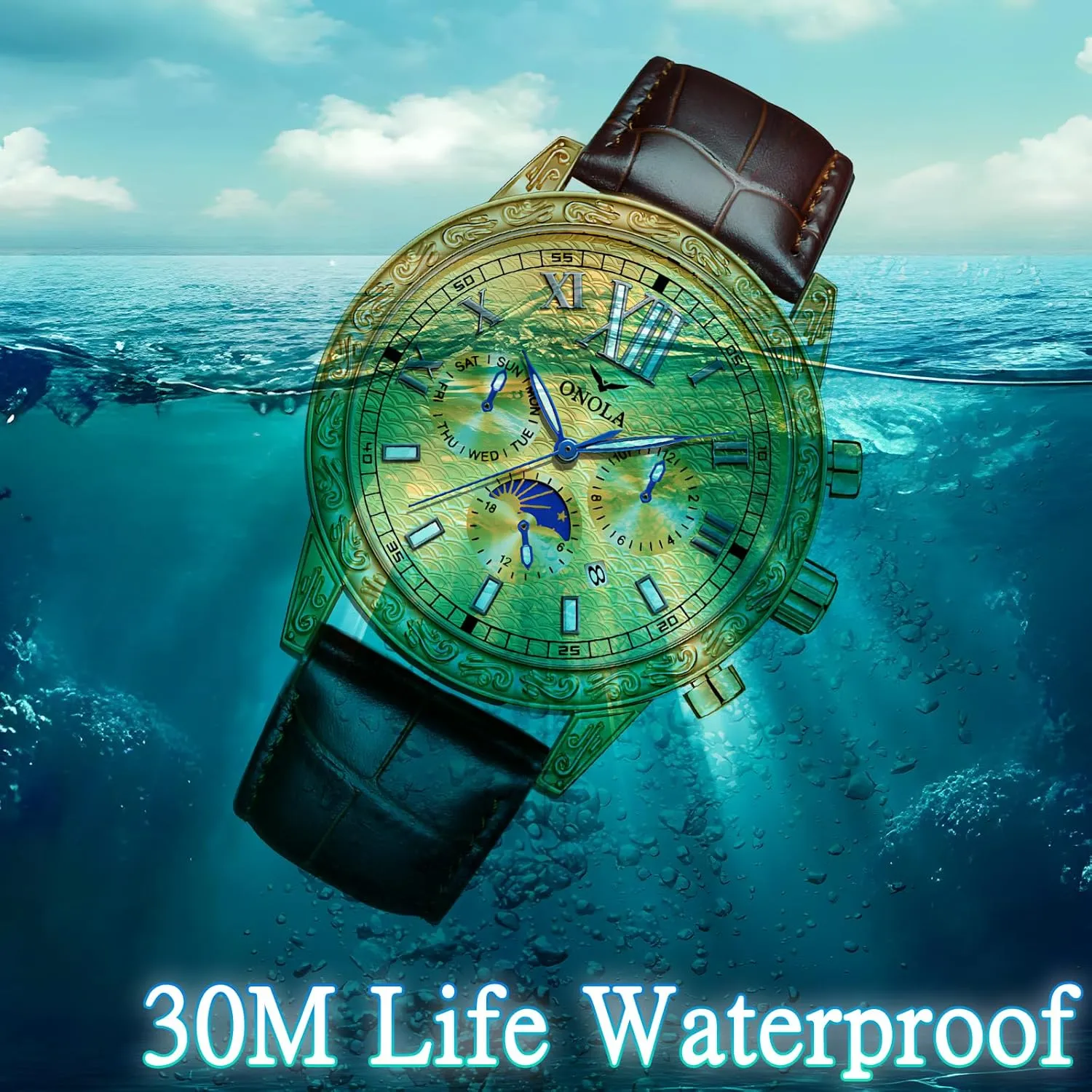 Watch Comfortable Leather Strap Large equal aggressive horsefly flame Gold Watch Three Eye Timing Dial 24-Hour Moon Phase Display Calendar Watch Men's Business Mechanical Watch Fully Automatic Men's Mechanical 