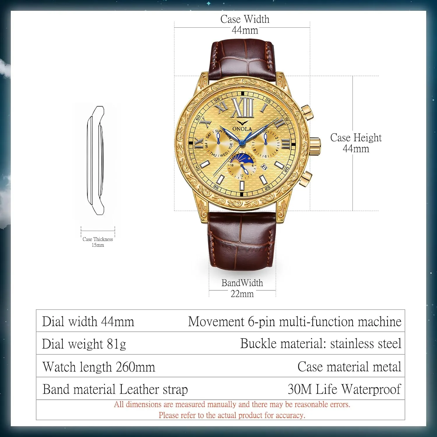 Watch Comfortable Leather Strap Large equal aggressive horsefly flame Gold Watch Three Eye Timing Dial 24-Hour Moon Phase Display Calendar Watch Men's Business Mechanical Watch Fully Automatic Men's Mechanical 
