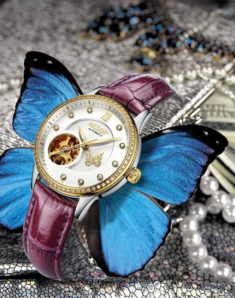Watch coriander Diamond with Gold Skeleton Watches Genuine Leather Band MASTOP Women's Automatic Mechanical 