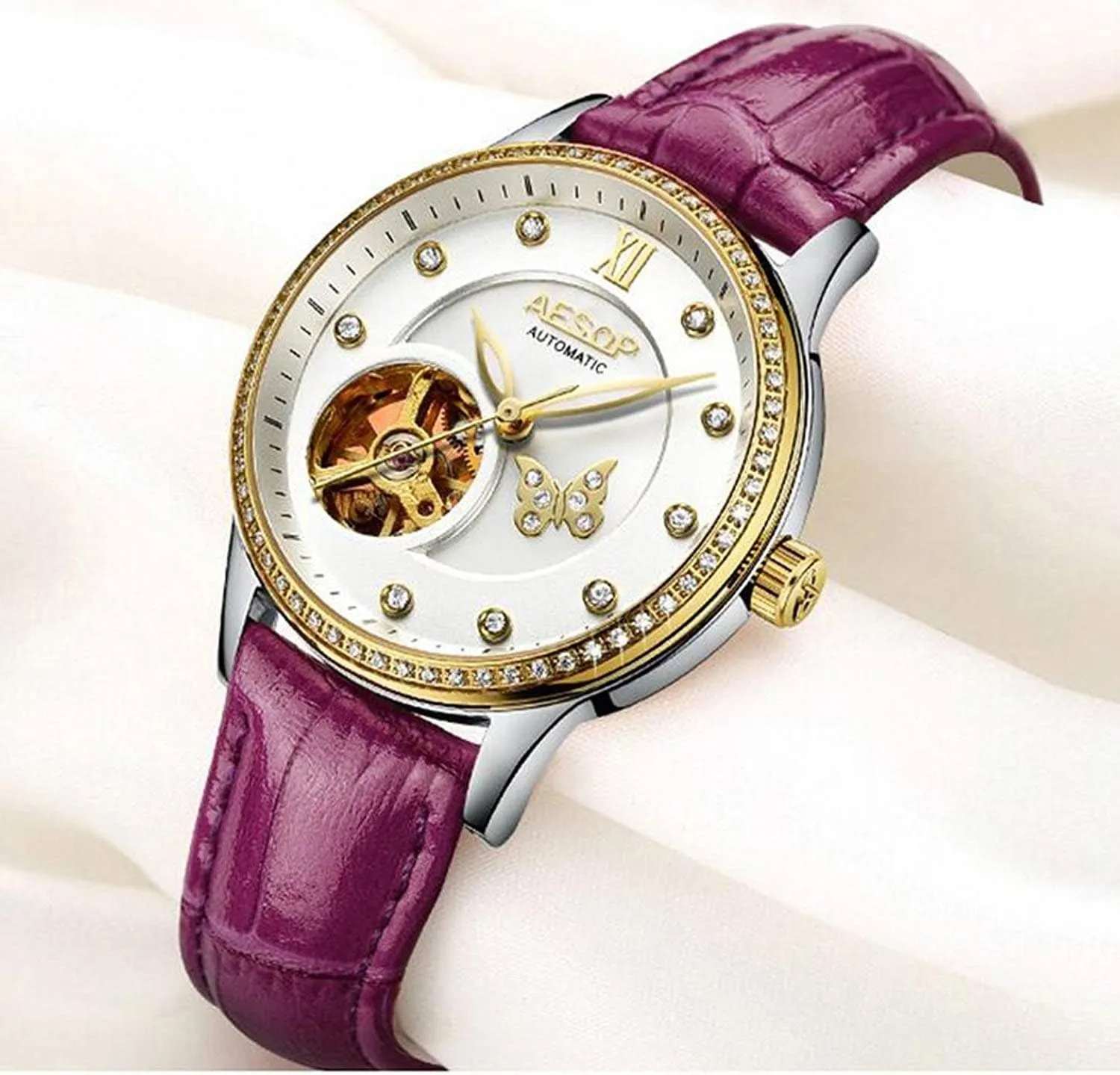 Watch coriander Diamond with Gold Skeleton Watches Genuine Leather Band MASTOP Women's Automatic Mechanical 