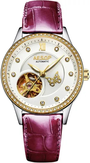 Watch coriander Diamond with Gold Skeleton Watches Genuine Leather Band MASTOP Women's Automatic Mechanical 