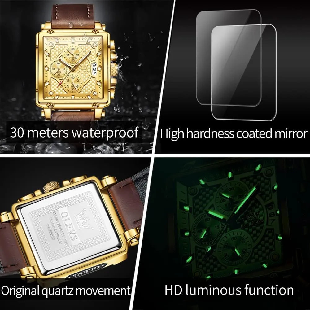Watch Date Waterproof Luminous Casual Square Business Wrist Watches expedient soldier ring OLEVS Watches for Men Quartz Chronograph Leather Fashion Dress 