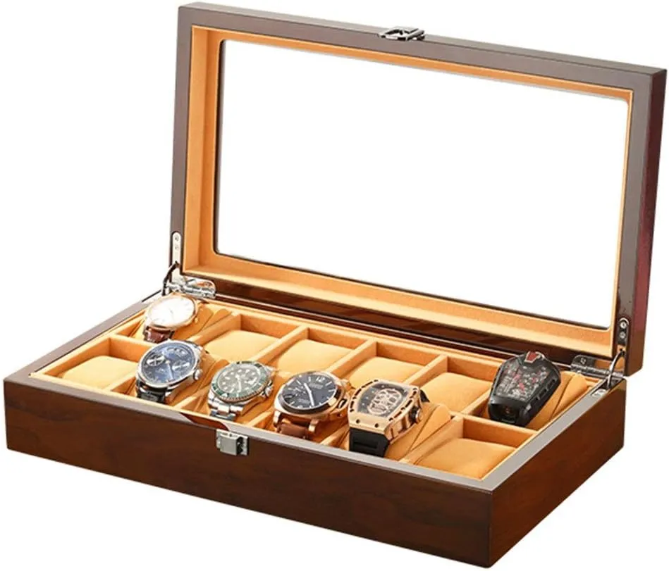 Watch Display opening exceedingly Holder Cases Black Boxes 12 Slot wooden Watch Storage Box Organizer New Mechanical Mens 
